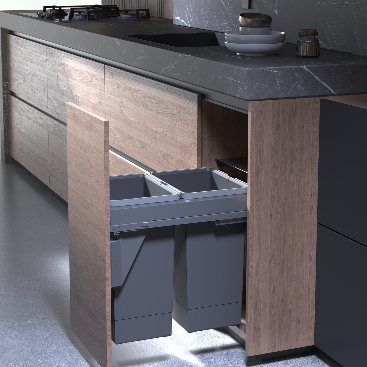 Waste Bin, Under Counter, 48 Litre Capacity (2 x 24L Bins), Suits 400mm Cabinet, Side Mounted Soft Close