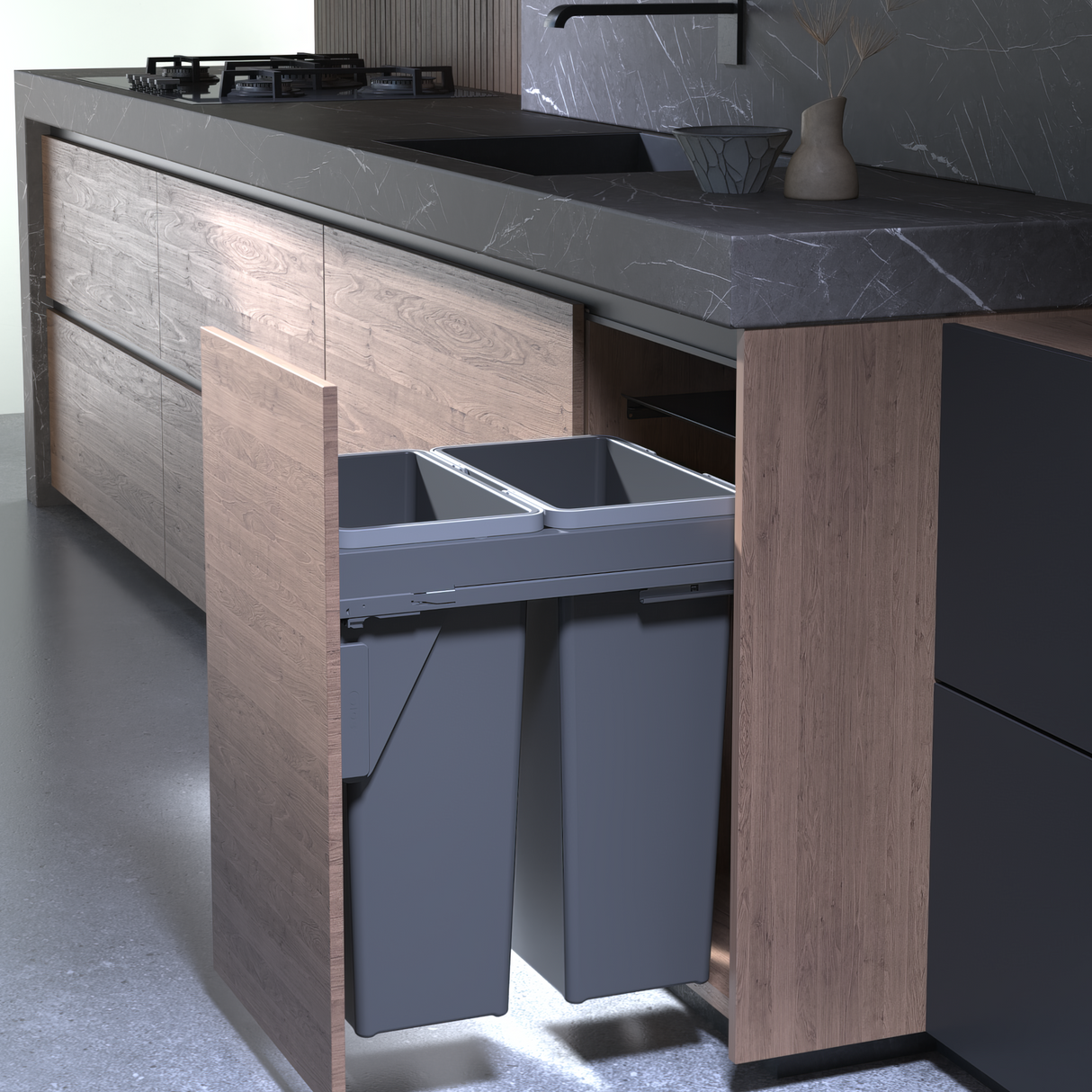 Waste Bin, Under Counter, 70 Litre Capacity (2 x 35L Bins), Suits 450mm Cabinet, Side Mounted Soft Close