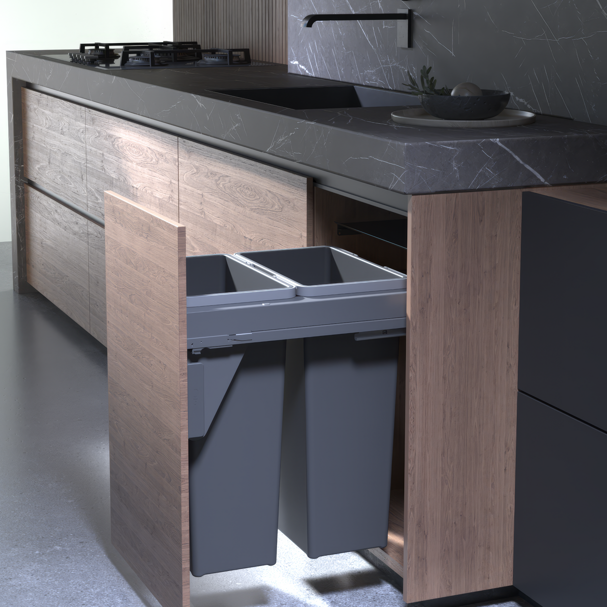 Waste Bin, Under Counter, 70 Litre Capacity (2 x 35L Bins), Suits 500mm Cabinet, Side Mounted Soft Close