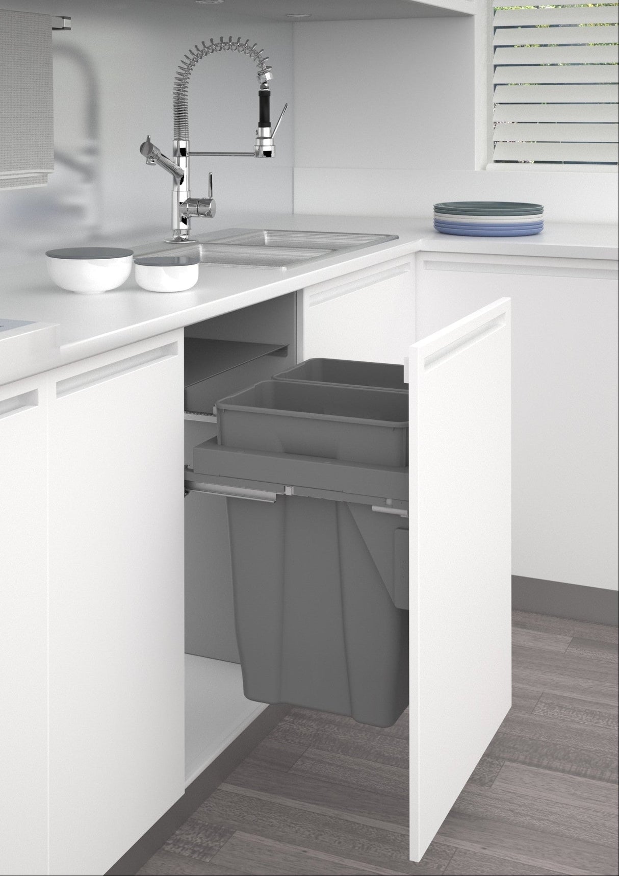 Waste Bin, Under Counter, 70 Litre Capacity (2 x 35L Bins), Suits 600mm Cabinet, Side Mounted Soft Close
