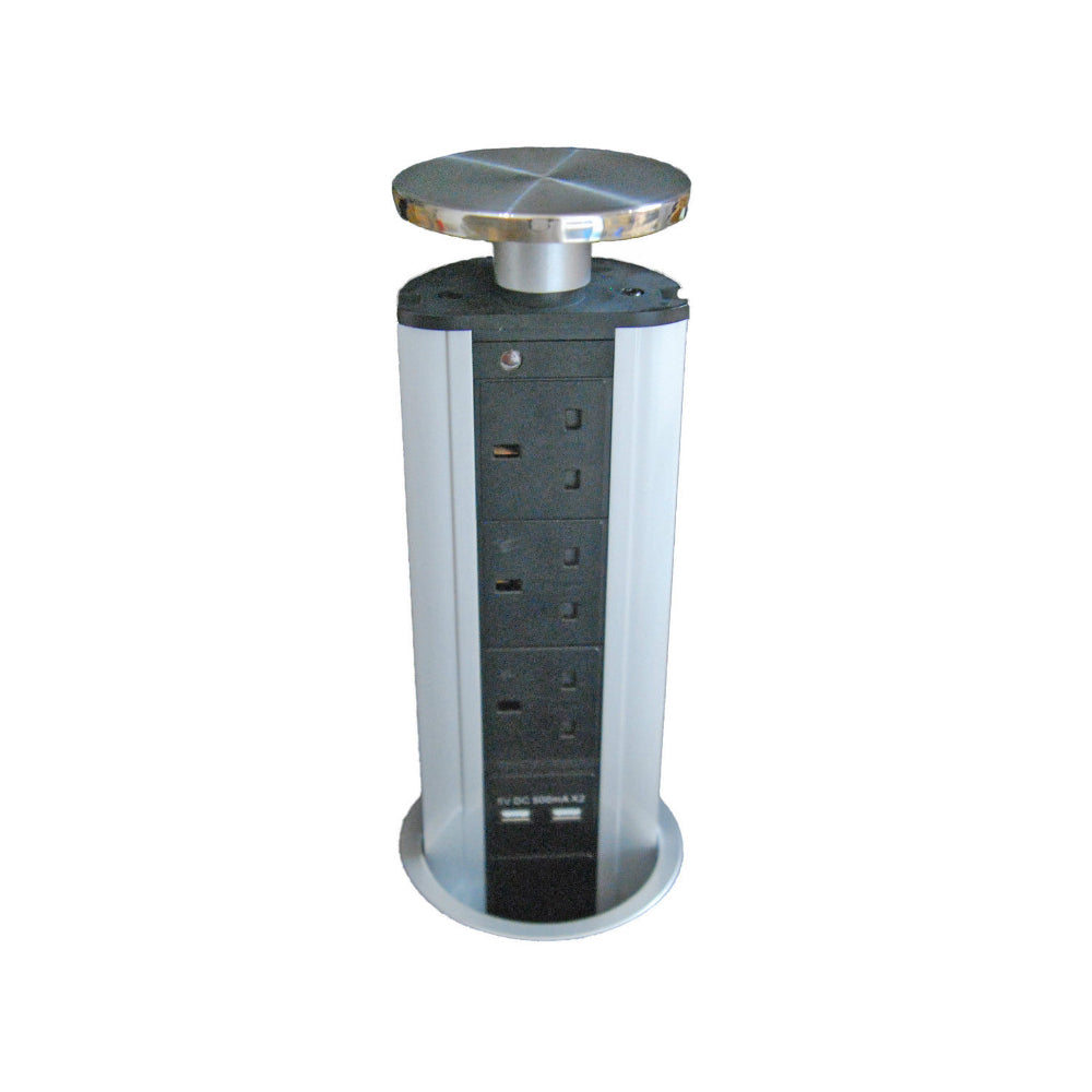 USB Pop-up Power Dock, Silver - Black - Stainless Steel Finish, 102mm Diameter Recess